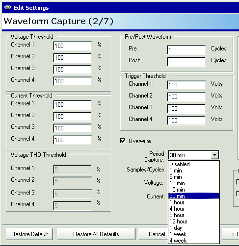 (Right) Waveform Capture setup screen with period being set to 30 minutes.
