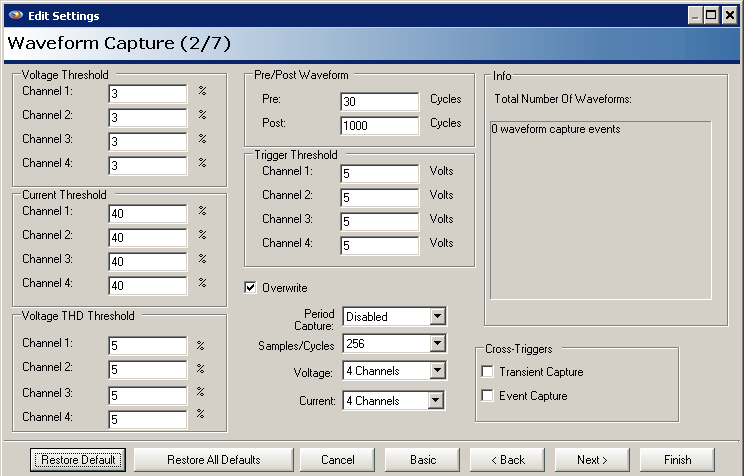 Figure 10. Default waveform capture settings on the ProVision settings wizard