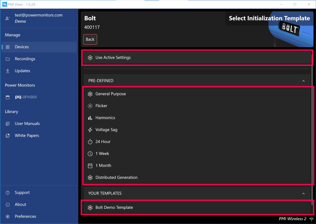 Figure 11. Retrieve Settings or Select an Initialization Template
