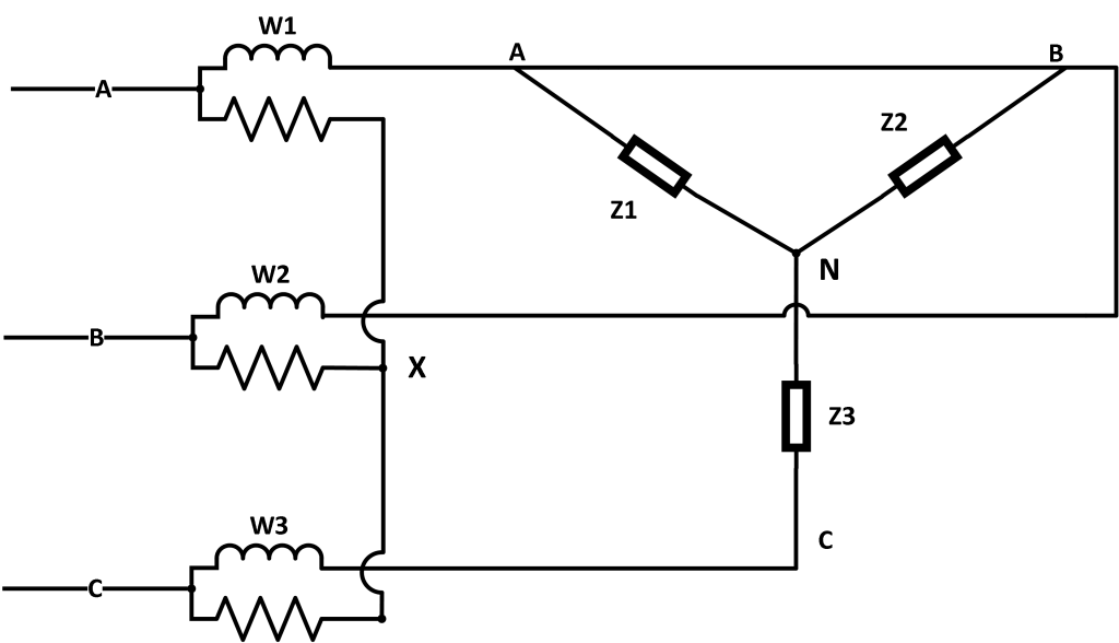 Figure 2. Three-wattmeter configuration on Wye (left) and delta (right) systems