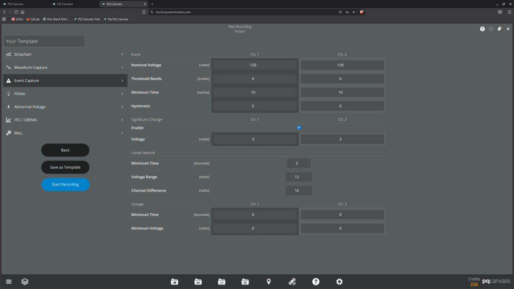 Fig. 2 The complete list of settings and their default values for a new Event
Capture recording