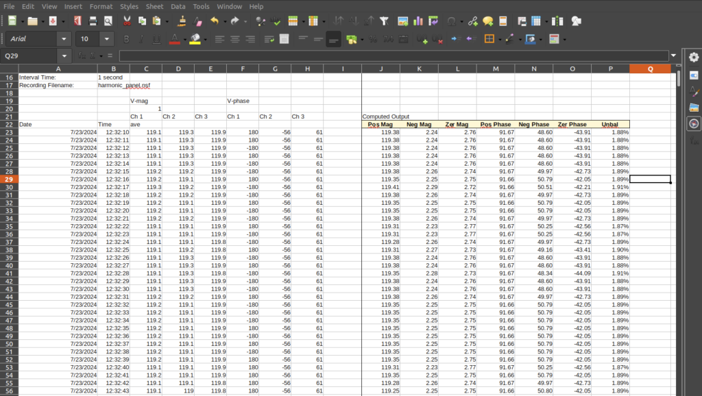 Figure 4: Results of pasting the CSV exports into the PMI Symmetrical Components spreadsheet.