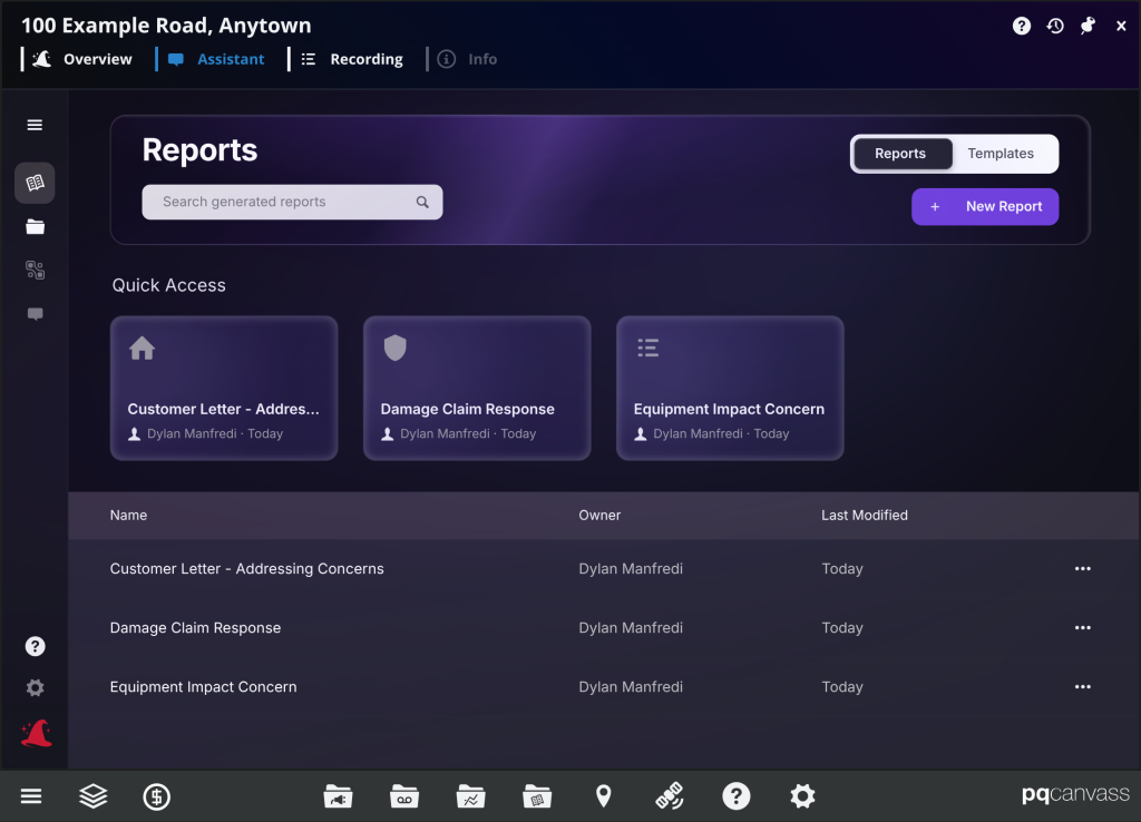 Figure 2. The Documents area of the Merlin™ Assistant, showing the Reports list for the example recording.